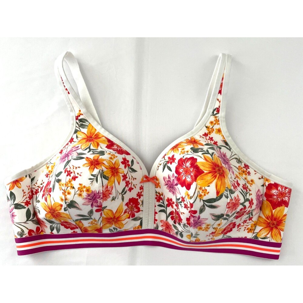 Cacique 44C Lightly Lined No-Wire Bra White Multicolor Floral Stripe Band